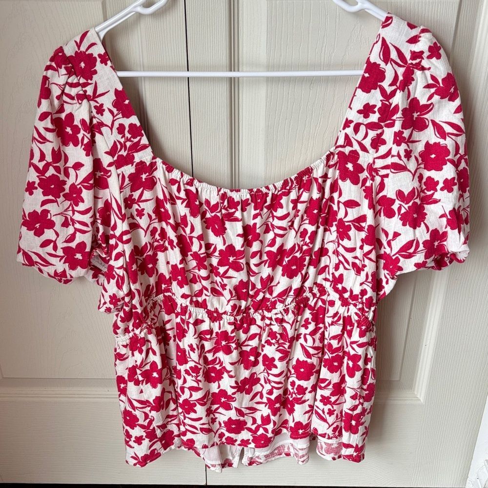 Draper James Floral puff short sleeve button front Womens Top cropped blouse XXL